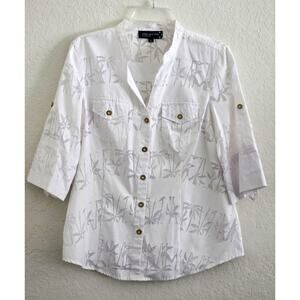 Top/Blouse-Jones New York-White Shirt Style-Sheer Cutouts-Short Roll Tab-Size M